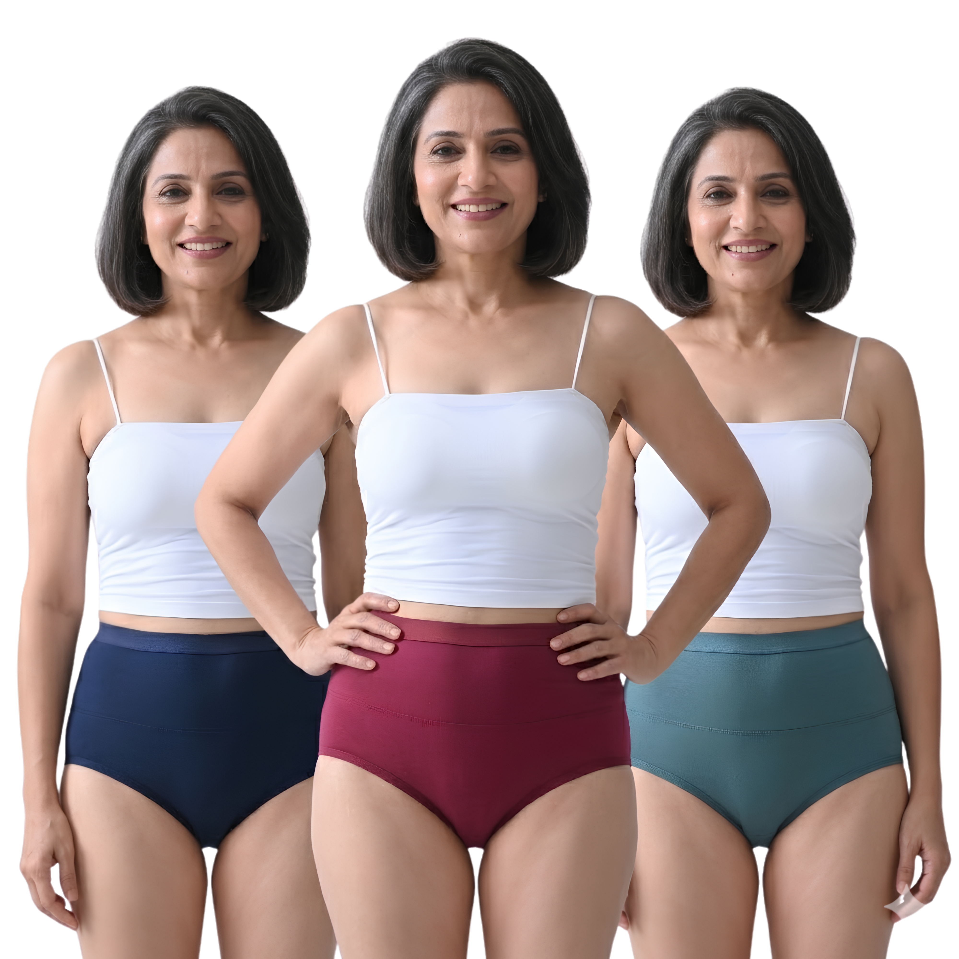 Three women wearing Woomly's Urine Incontinence colorful high-waisted panties on a white background