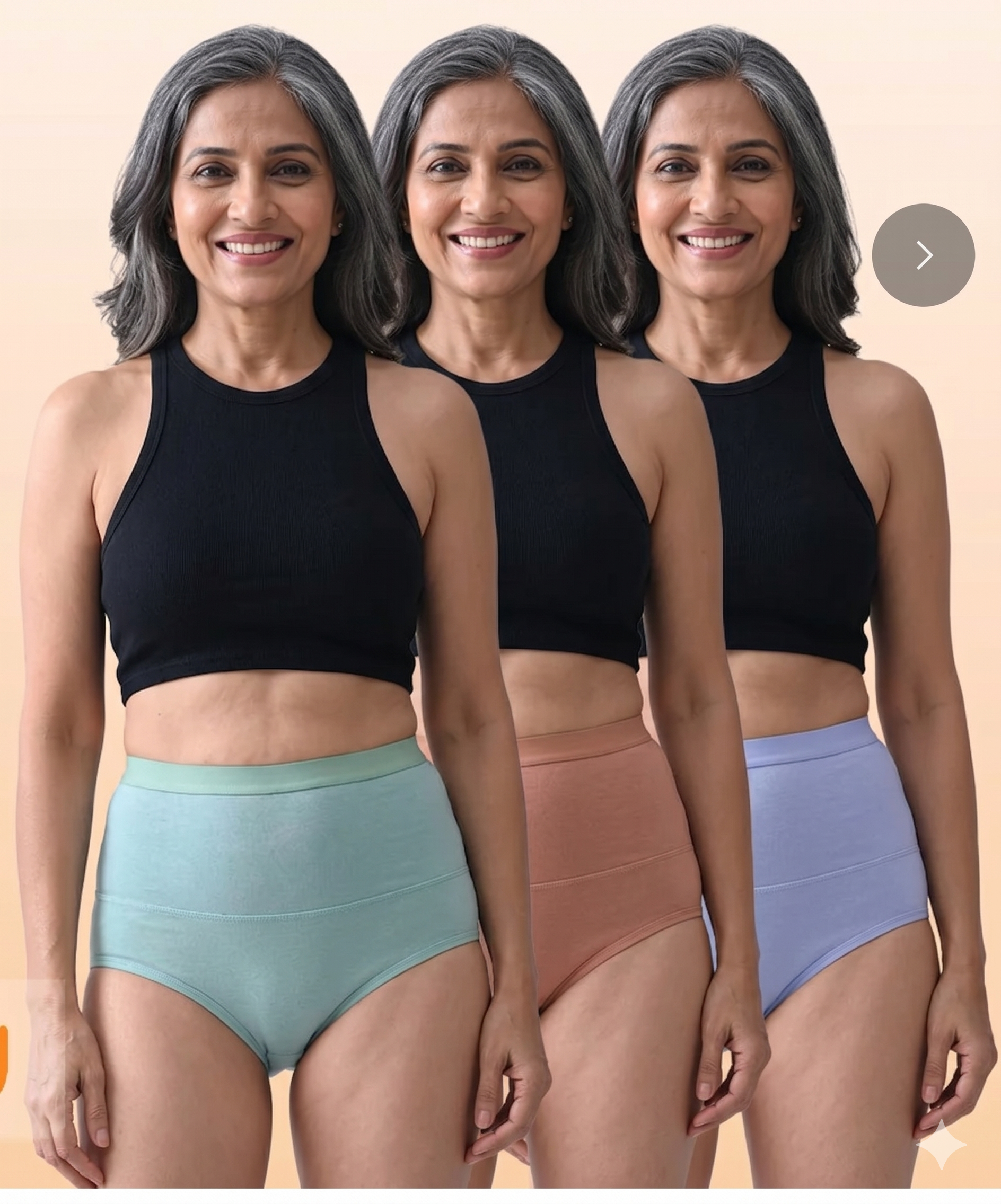 Three women wearing black sports bras and colorful leakproof high-waisted underwear on a beige background