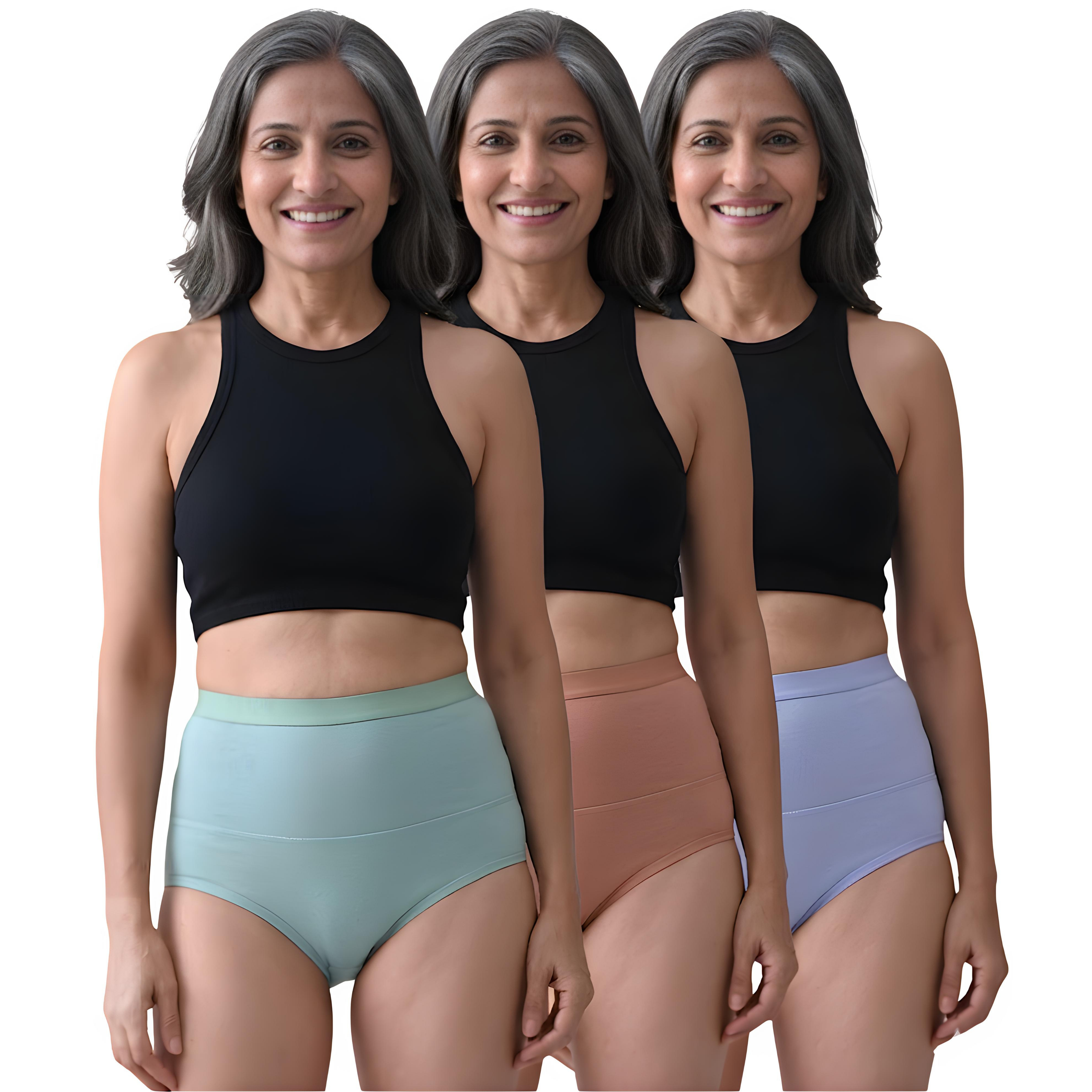 Three women wearing Woomly's Urine Incontinence colorful high-waisted panties on a white background