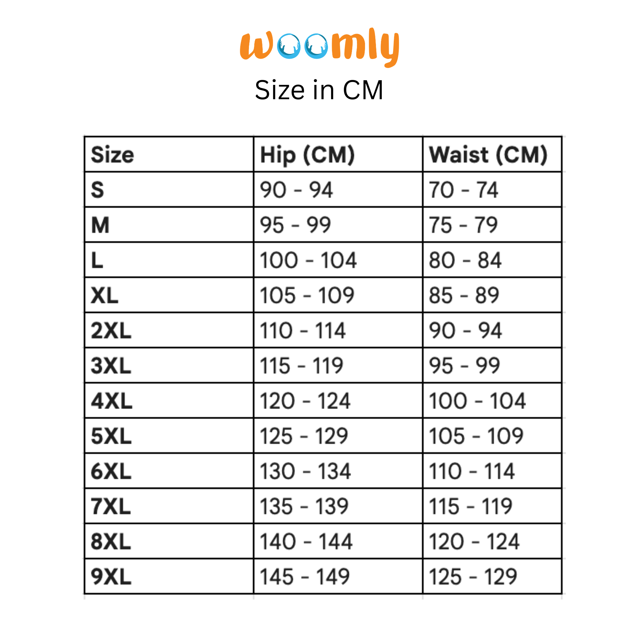 Woomly size chart for Urine Incontinence and leakproof underwear in Centimeter with a white background