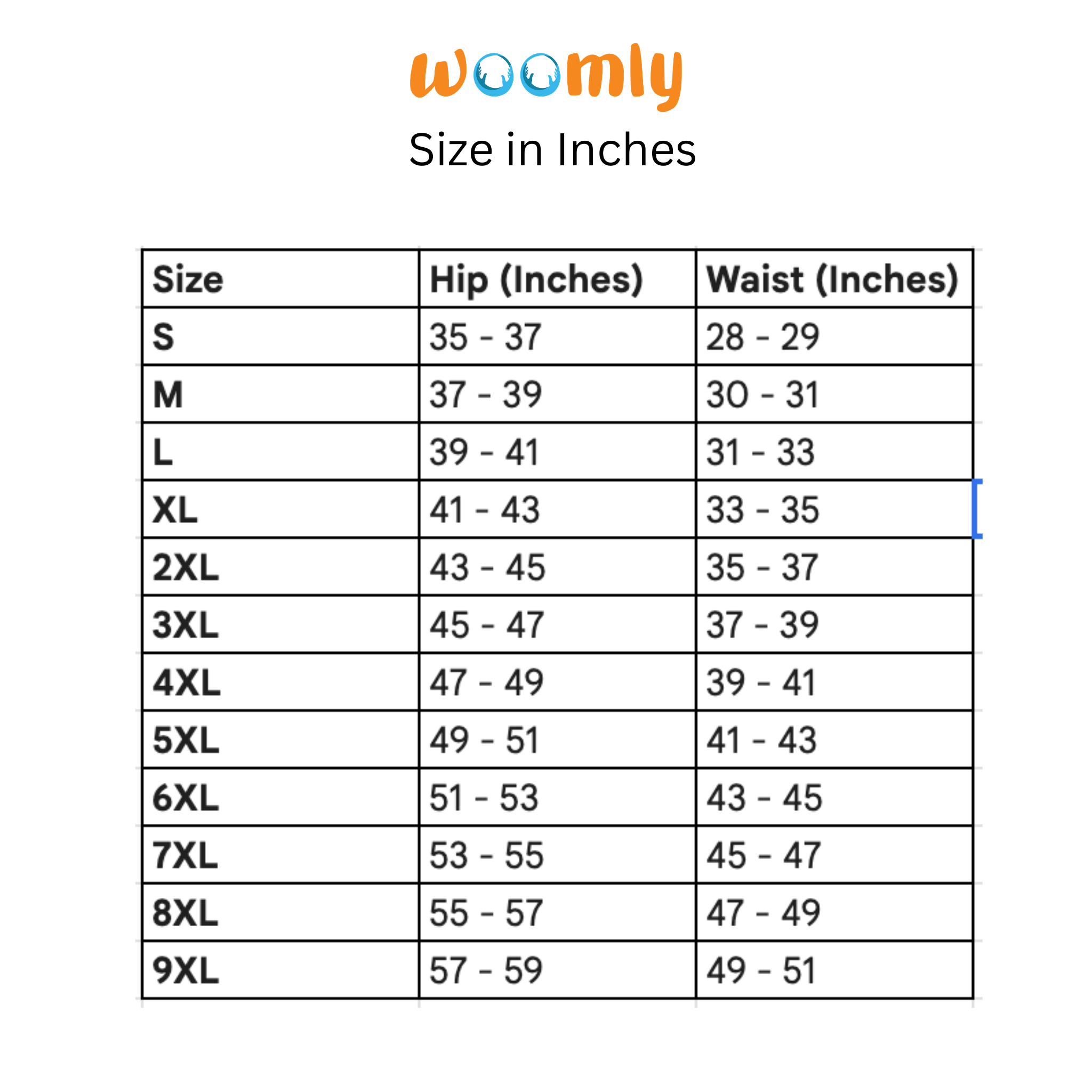 Woomly size chart for Urine Incontinence and leakproof underwear in inches with a white background