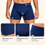 Woomly men's trunk features with icons - cotton, leakproof, odor-free