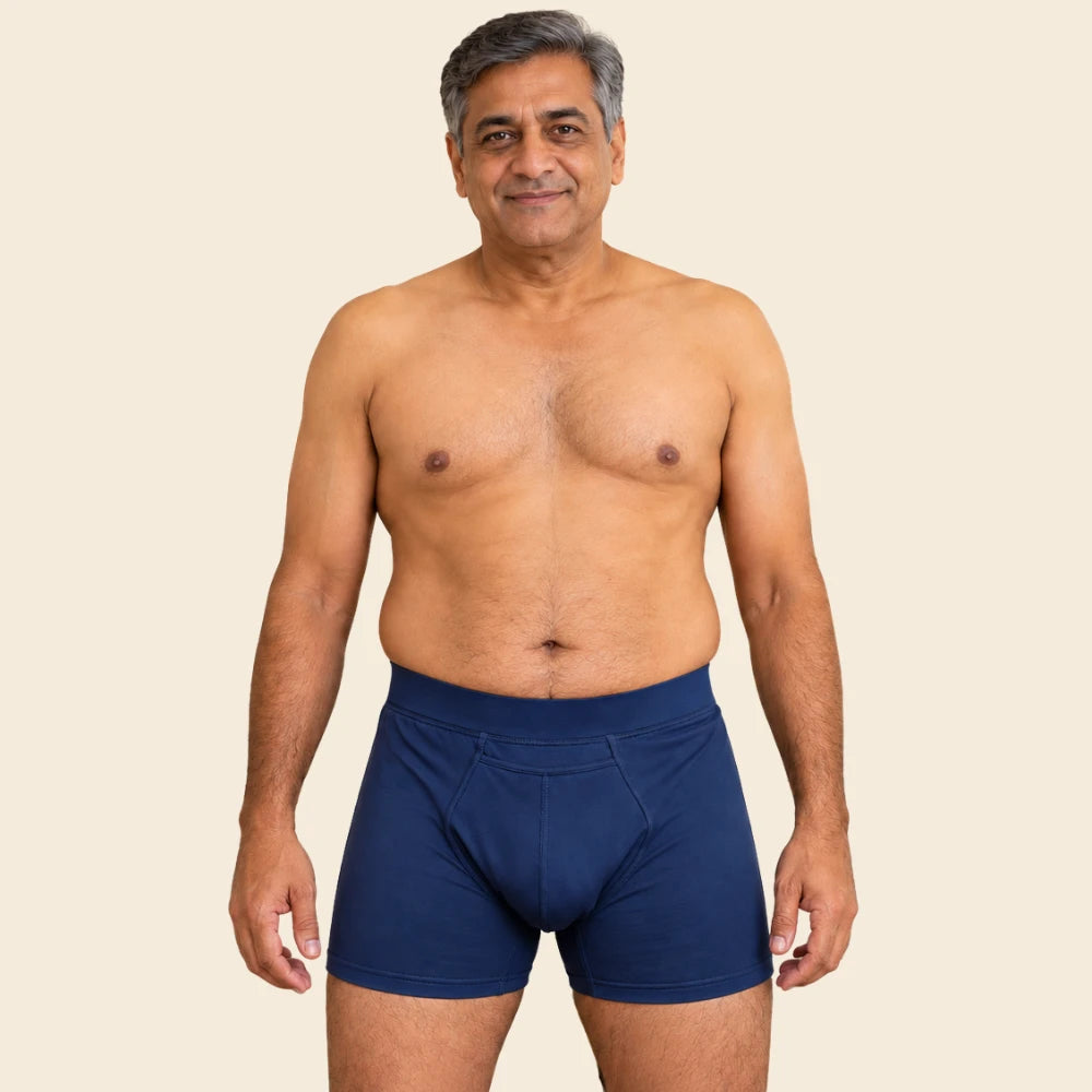 Men's leakproof cotton trunk underwear in Navy Blue - front view